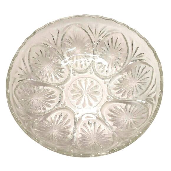 Retro Etched Serving Bowl Clear Cut Glass Decorative Vegetable Salad Fruit VTG - Picture 3 of 11
